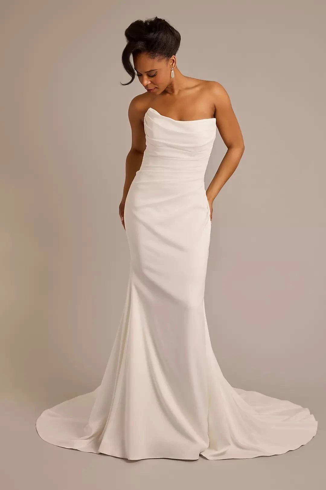 Sophisticated Fitted Mermaid Strapless Ruched Open Back Floor-Length Train Wedding Dress by YiHuiw