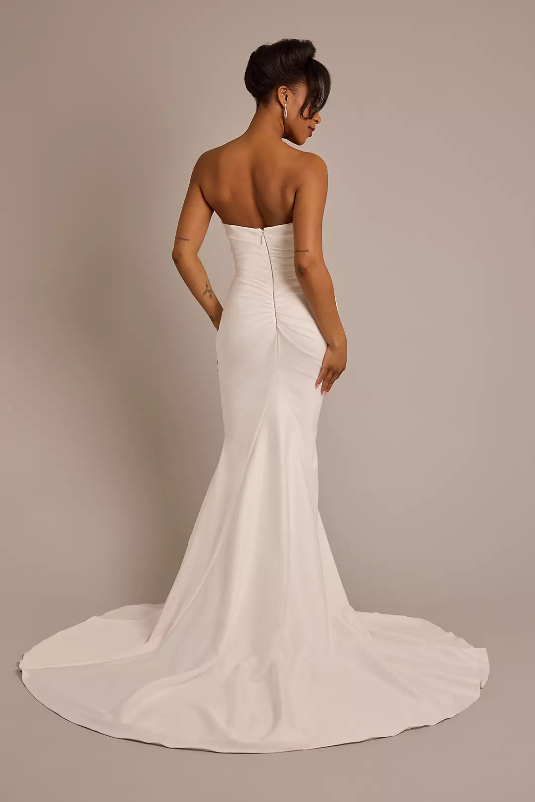 Sophisticated Fitted Mermaid Strapless Ruched Open Back Floor-Length Train Wedding Dress