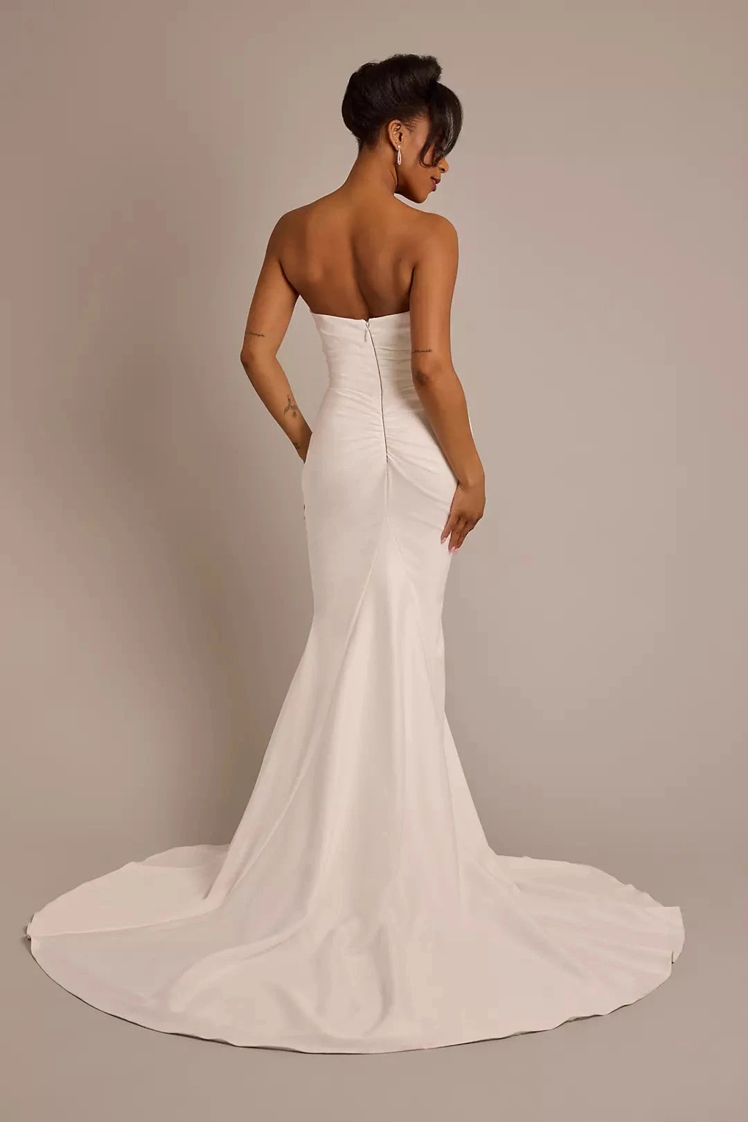 Sophisticated Fitted Mermaid Strapless Ruched Open Back Floor-Length Train Wedding Dress by YiHuiw