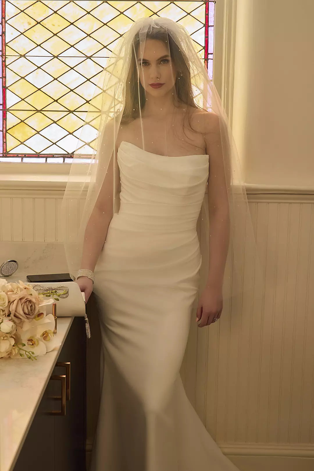 Sophisticated Fitted Mermaid Strapless Ruched Open Back Floor-Length Train Wedding Dress