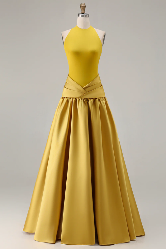 Sophisticated Halter Neck Satin Evening Dress with Pleated Waist Flowy A-Line Silhouette and Floor-Length Design for Formal Occasions