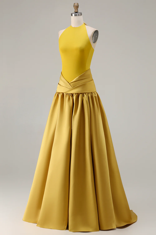 Sophisticated Halter Neck Satin Evening Dress with Pleated Waist Flowy A-Line Silhouette and Floor-Length Design for Formal Occasions