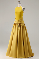 Sophisticated Halter Neck Satin Evening Dress with Pleated Waist Flowy A-Line Silhouette and Floor-Length Design for Formal Occasions