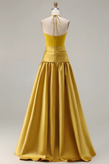 Sophisticated Halter Neck Satin Evening Dress with Pleated Waist Flowy A-Line Silhouette and Floor-Length Design for Formal Occasions