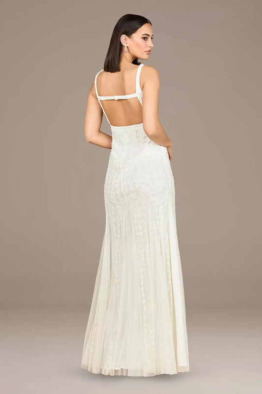 Sophisticated Mermaid Spaghetti-Strap V-Neck Beaded Cut-Out Back Floor-Length Wedding Dress by YiHuiw