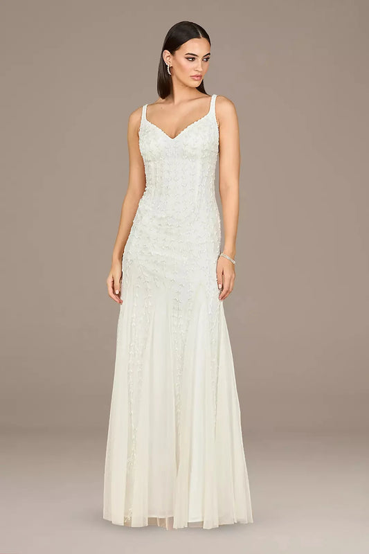 Sophisticated Mermaid Spaghetti-Strap V-Neck Beaded Cut-Out Back Floor-Length Wedding Dress by YiHuiw