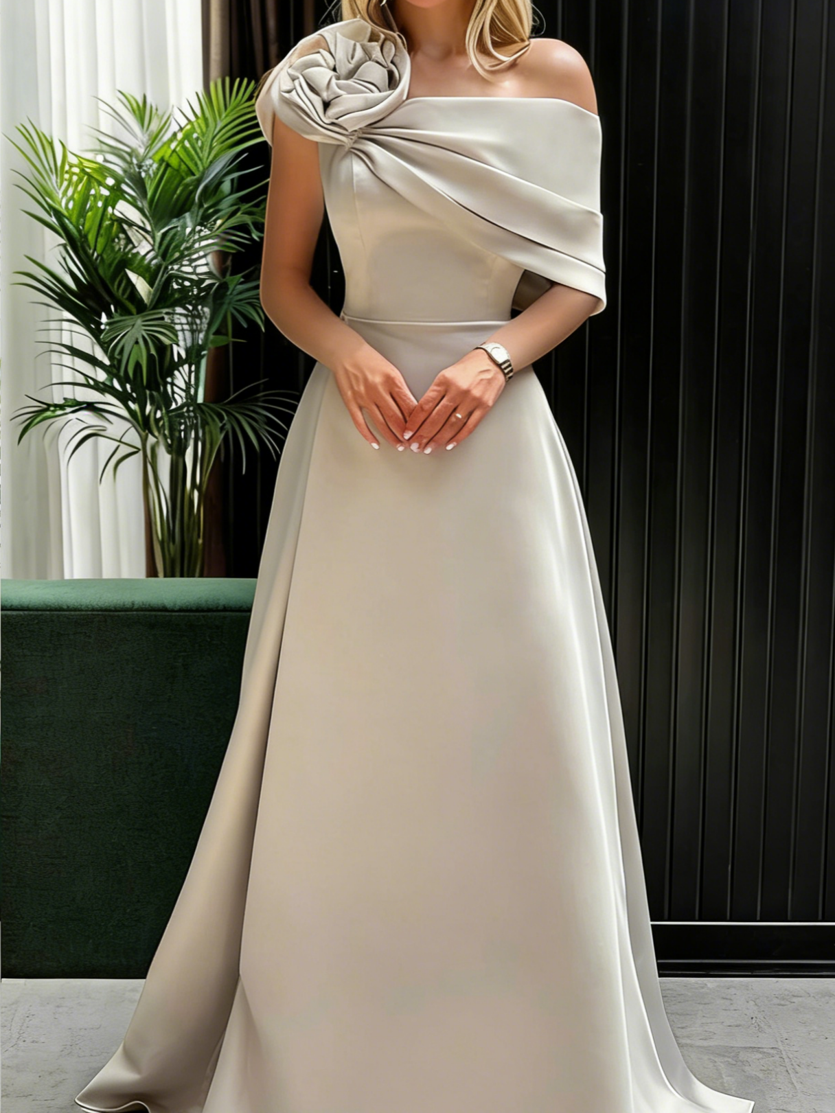 Sophisticated Satin A-Line One-Shoulder Draped 3D Flower Detail Sleeveless Zipper Back Floor-Length Maxi Formal Mother of the Bride Dresses by LANQI DRESS