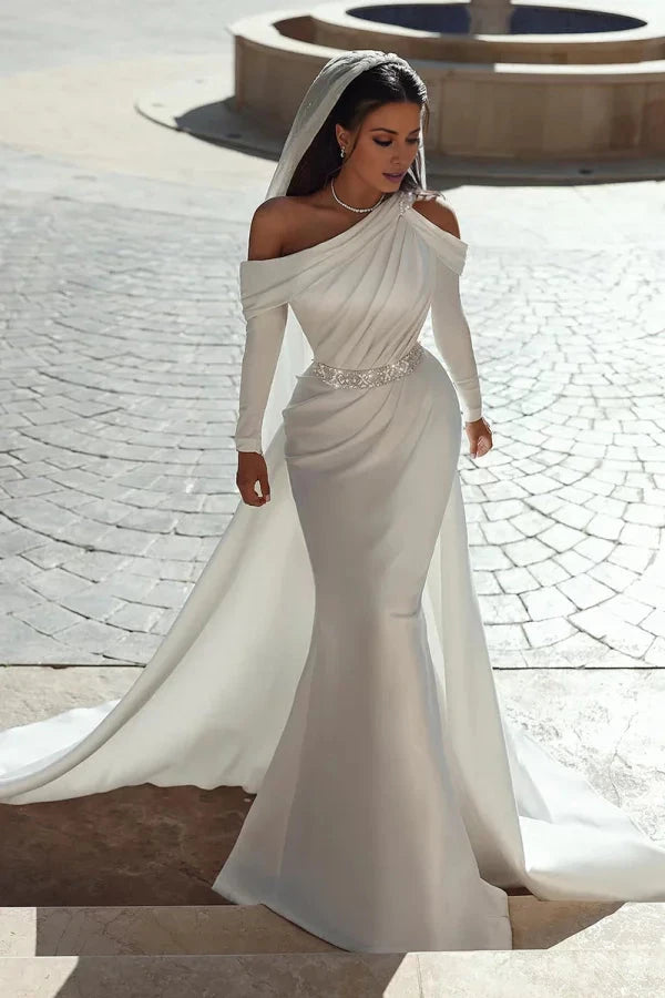 Sophisticated Satin Mermaid One-Shoulder Ruched-Bodice Crystal-Belt Train Wedding Dress by YiHuiw