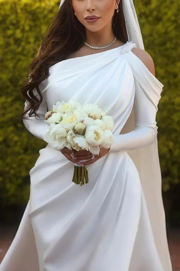 Sophisticated Satin Mermaid One-Shoulder Ruched-Bodice Crystal-Belt Train Wedding Dress by YiHuiw