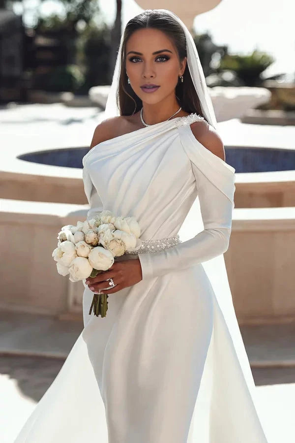 Sophisticated Satin Mermaid One-Shoulder Ruched-Bodice Crystal-Belt Train Wedding Dress by YiHuiw