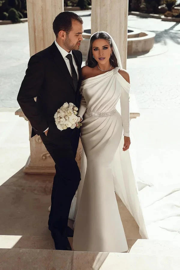 Sophisticated Satin Mermaid One-Shoulder Ruched-Bodice Crystal-Belt Train Wedding Dress by YiHuiw