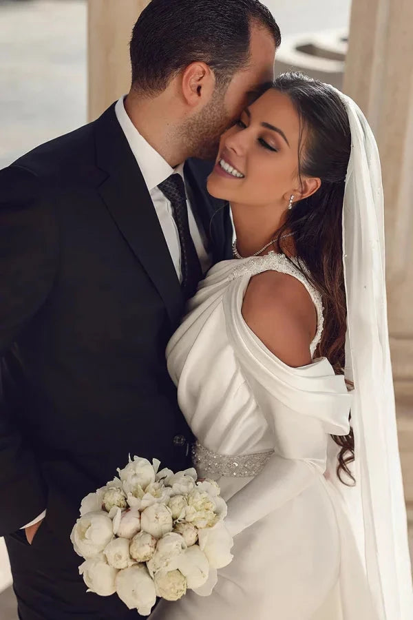 Sophisticated Satin Mermaid One-Shoulder Ruched-Bodice Crystal-Belt Train Wedding Dress by YiHuiw