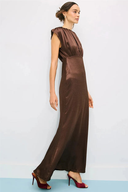 Sophisticated Solid Satin Maxi Mock Neck Ruched Detail Sleeveless Invisible Zipper Back Closure Floor-Length Evening Dresses by LANQI DRESS