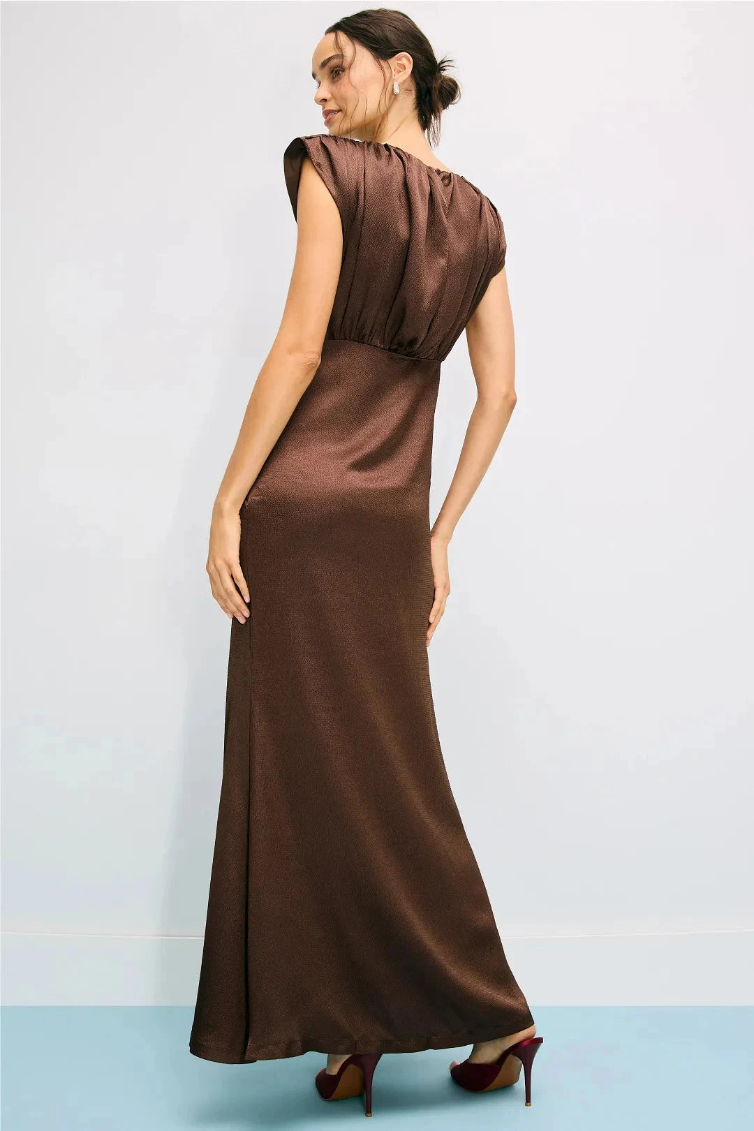 Sophisticated Solid Satin Maxi Mock Neck Ruched Detail Sleeveless Invisible Zipper Back Closure Floor-Length Evening Dresses by LANQI DRESS