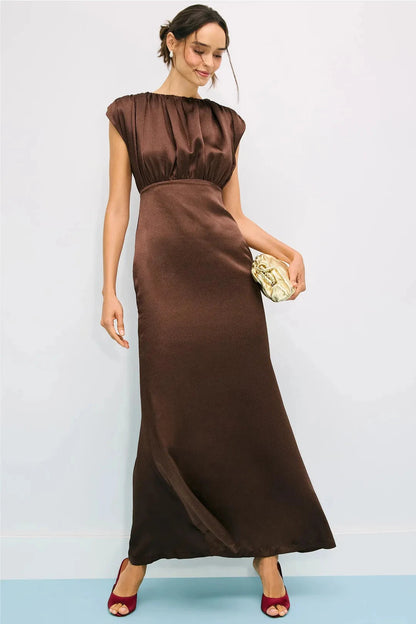 Sophisticated Solid Satin Maxi Mock Neck Ruched Detail Sleeveless Invisible Zipper Back Closure Floor-Length Evening Dresses by LANQI DRESS