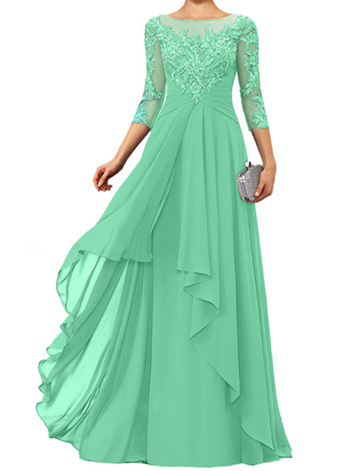 Sheath / Column Mother of the Bride Dress Elegant Jewel Neck Floor Length Chiffon Lace 3/4 Length Sleeve with Appliques by YiHuiw