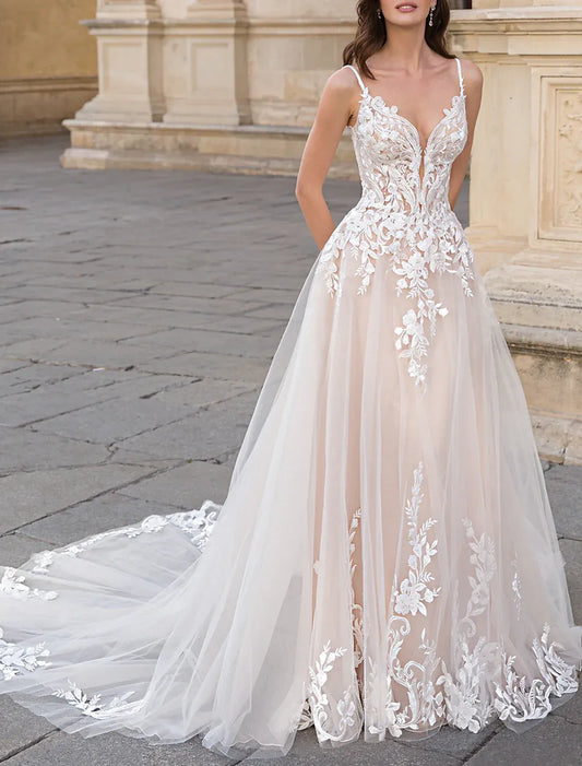 Spaghetti Strap Tulle Wedding Dress - Yihuiw by Yihuiw