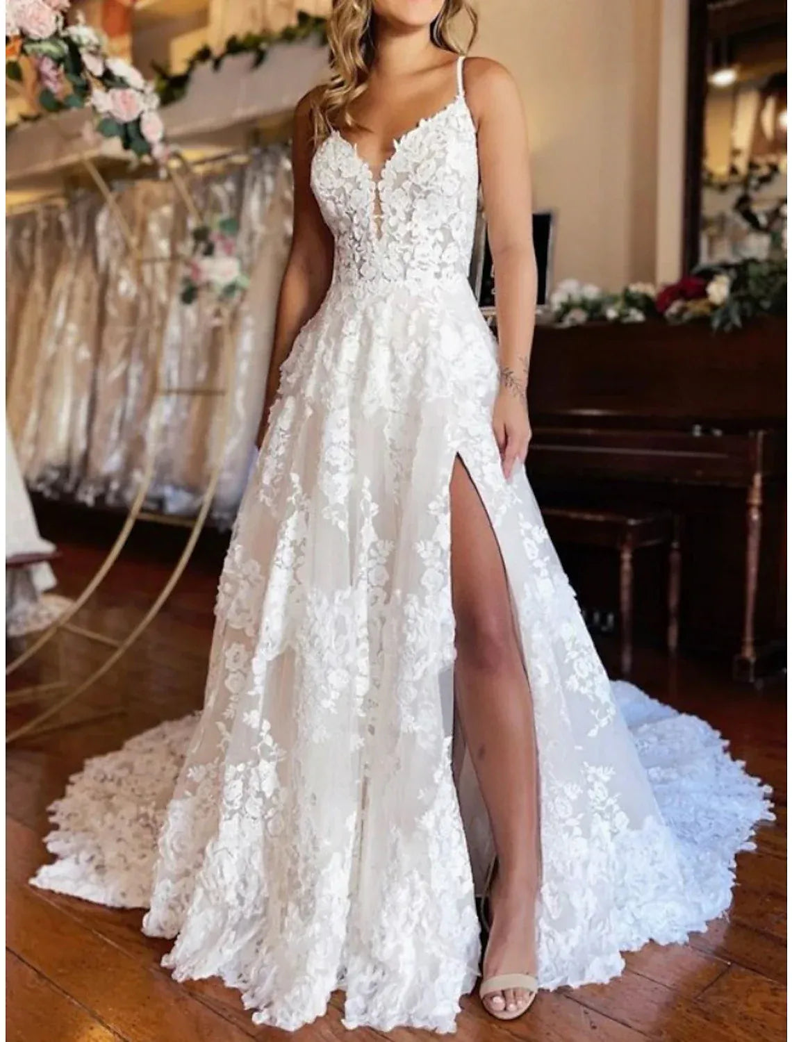 Spaghetti Strap Tulle High Slit Wedding Dress - Yihuiw by Yihuiw