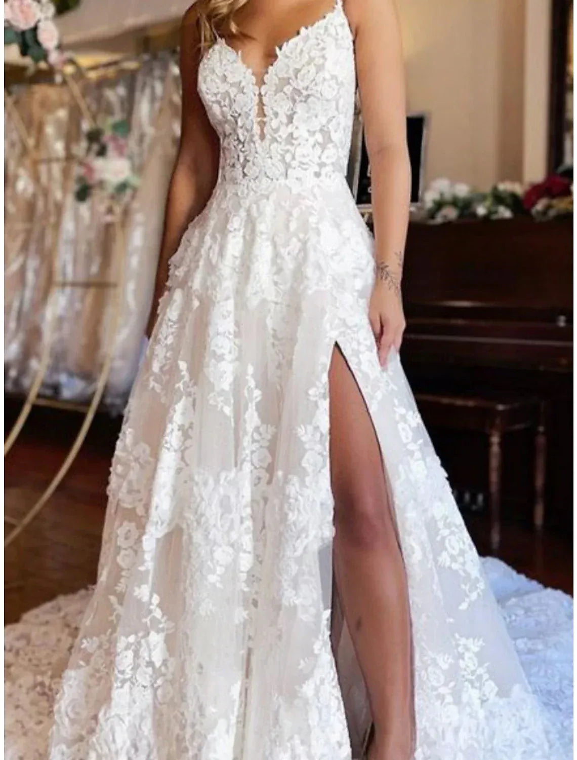 Spaghetti Strap Tulle High Slit Wedding Dress - Yihuiw by Yihuiw