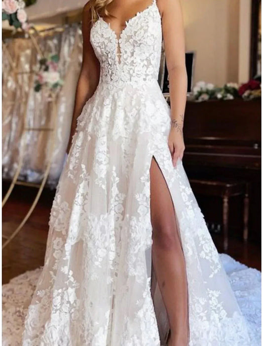Spaghetti Strap Tulle High Slit Wedding Dress - Yihuiw by Yihuiw