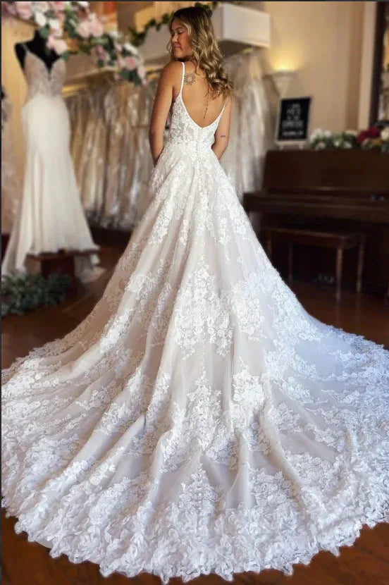 Spaghetti Strap Tulle High Slit Wedding Dress - Yihuiw by Yihuiw