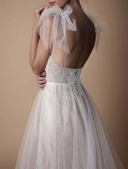 Spaghetti Strap Tulle Open Back High Slit Wedding Dress - Yihuiw by Yihuiw