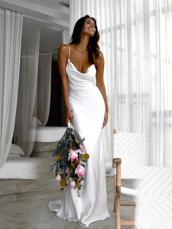 Mermaid Spaghetti Strap Satin Wedding Dress - Yihuiw by Yihuiw