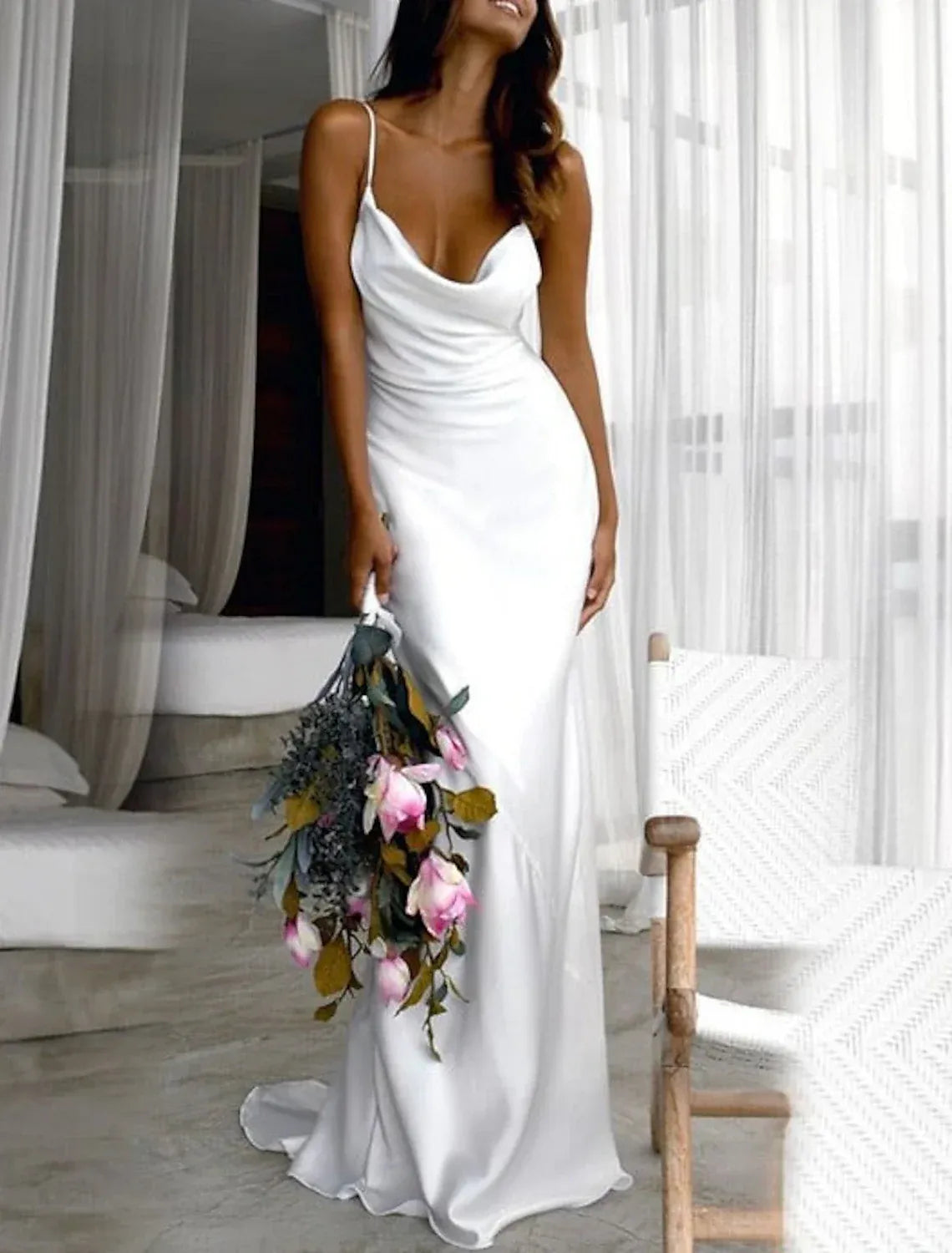 Mermaid Spaghetti Strap Satin Cutout Wedding Dress - Yihuiw by Yihuiw