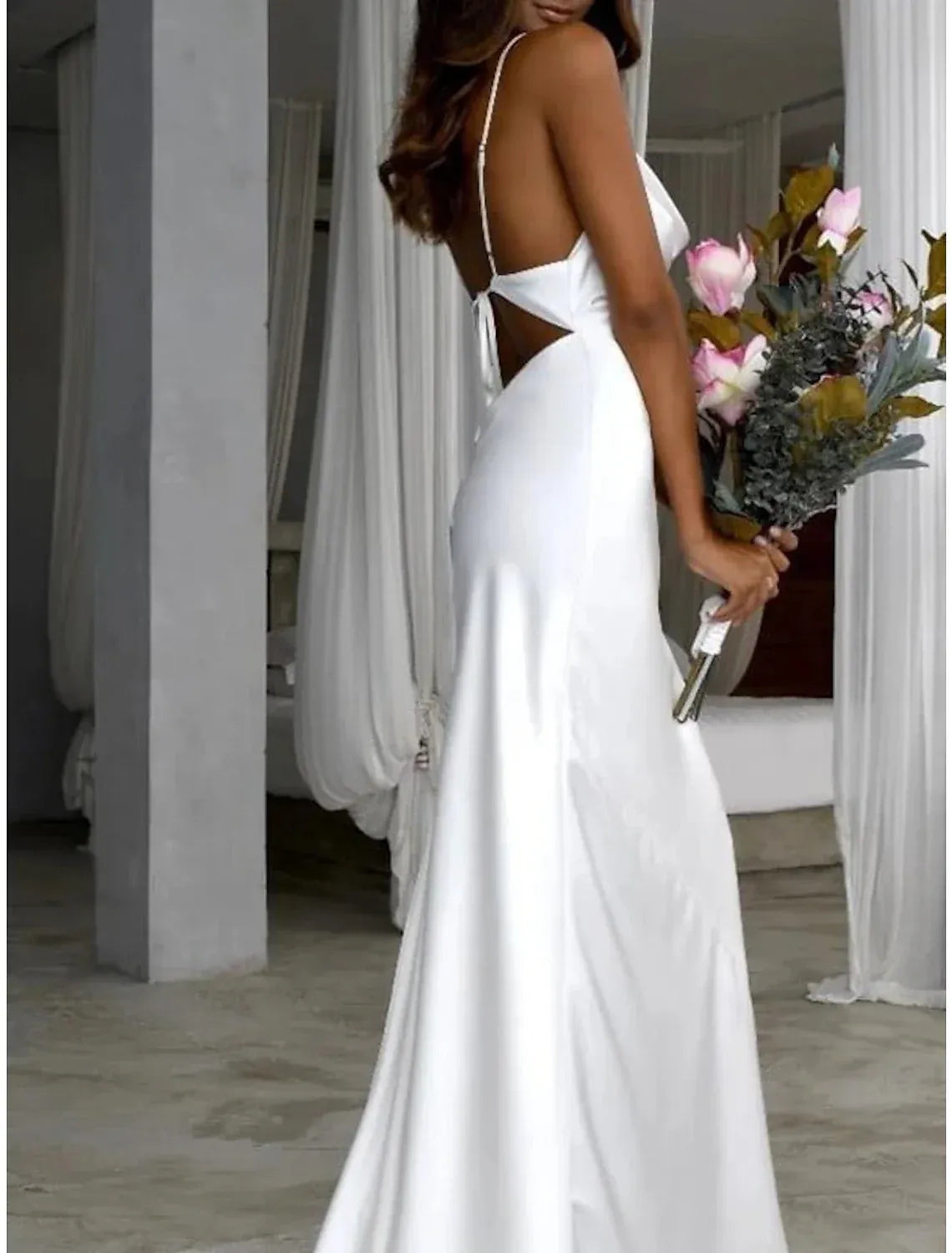 Mermaid Spaghetti Strap Satin Cutout Wedding Dress - Yihuiw by Yihuiw