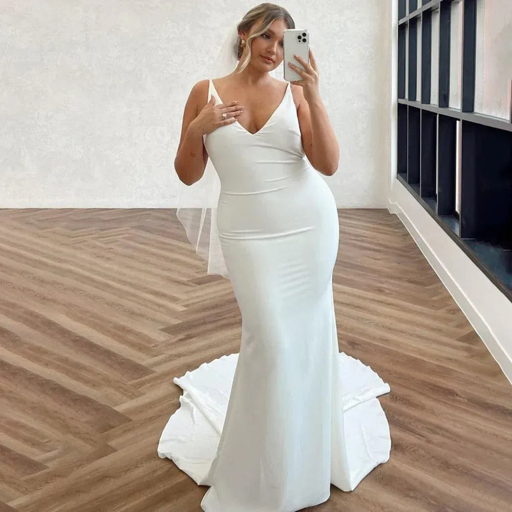 Mermaid Spaghetti Strap Satin Button Back Train Wedding Dress - Yihuiw by Yihuiw
