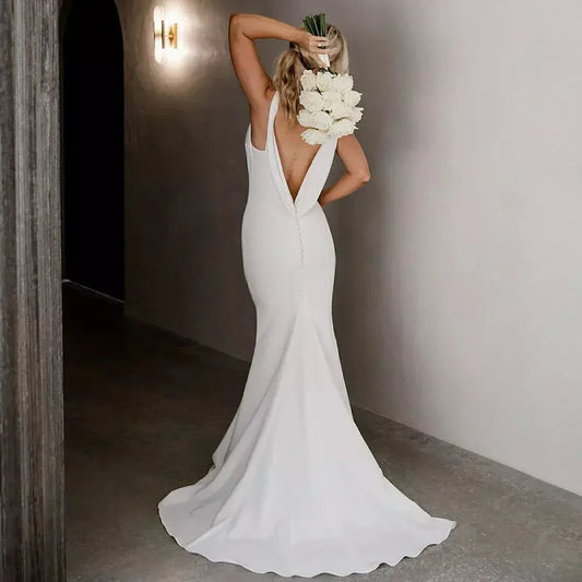Mermaid Spaghetti Strap Satin Button Back Train Wedding Dress - Yihuiw by Yihuiw