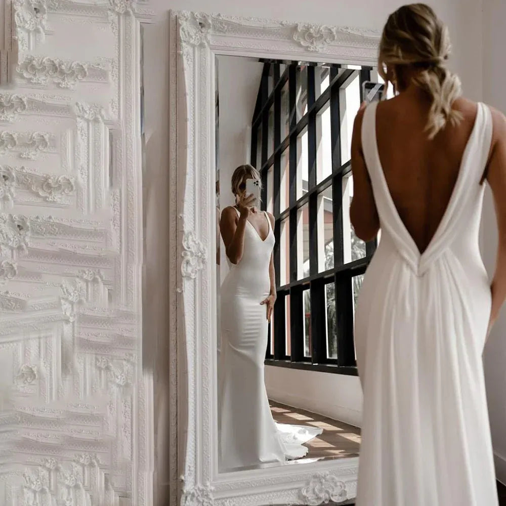Mermaid Spaghetti Strap Satin Button Back Train Wedding Dress - Yihuiw by Yihuiw