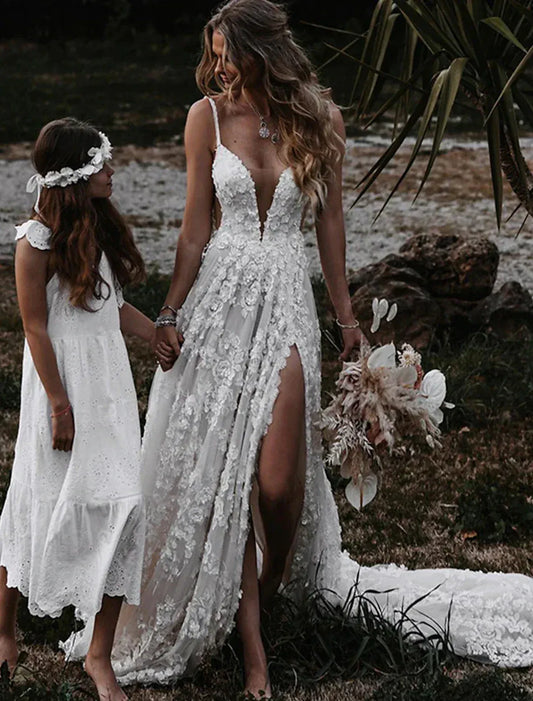 Spaghetti Strap Lace High Slit Wedding Dress - Yihuiw by Yihuiw