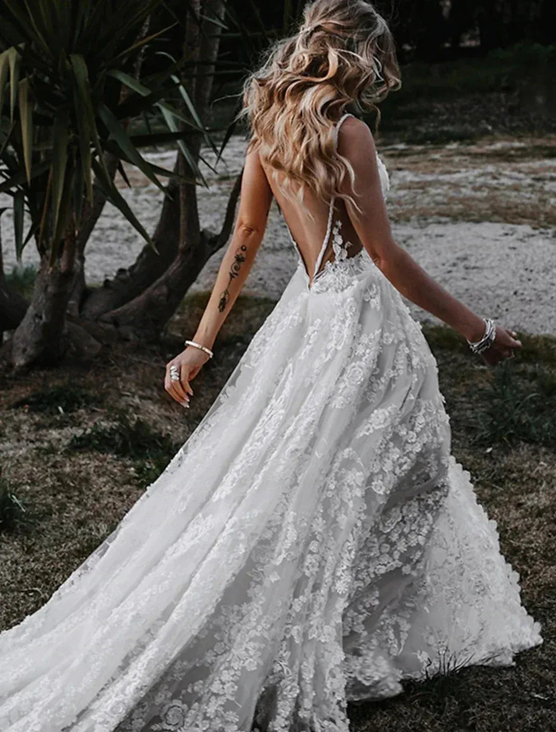 Spaghetti Strap Lace High Slit Wedding Dress - Yihuiw by Yihuiw