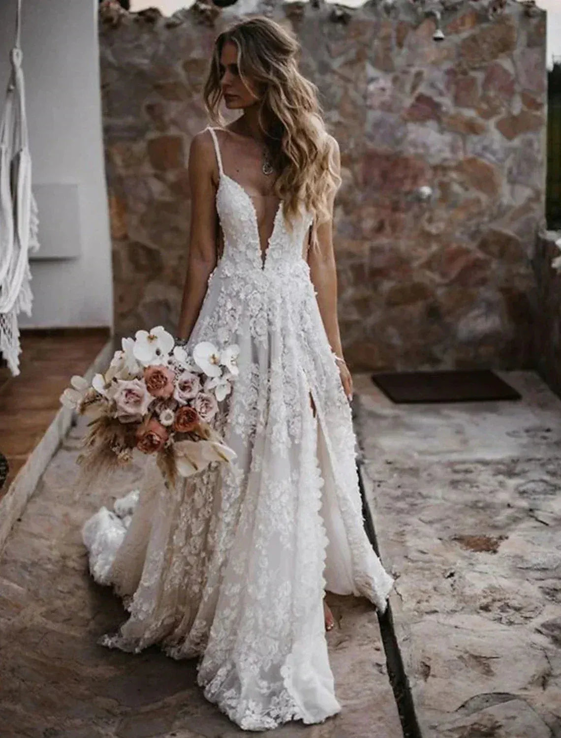 Spaghetti Strap Lace High Slit Wedding Dress - Yihuiw by Yihuiw