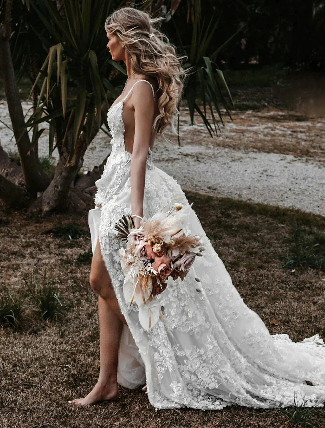 Spaghetti Strap Lace High Slit Wedding Dress - Yihuiw by Yihuiw