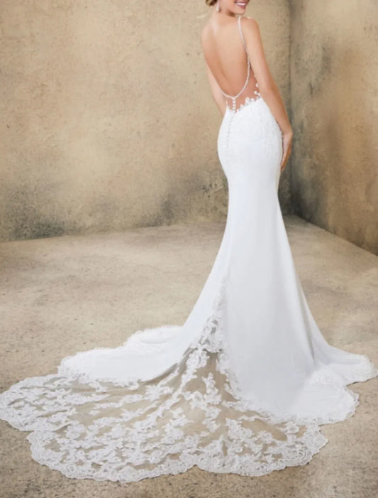 Mermaid Spaghetti Strap Lace Open Back Train Wedding Dress - Yihuiw by Yihuiw