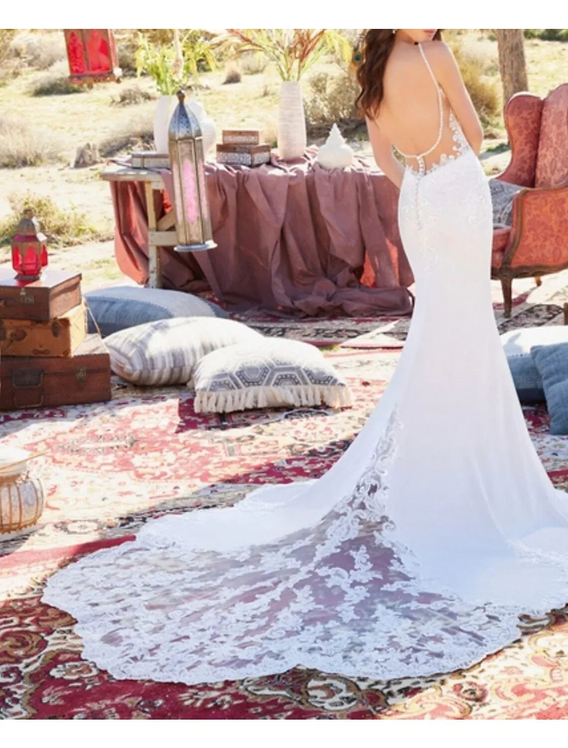 Mermaid Spaghetti Strap Lace Open Back Train Wedding Dress - Yihuiw by Yihuiw