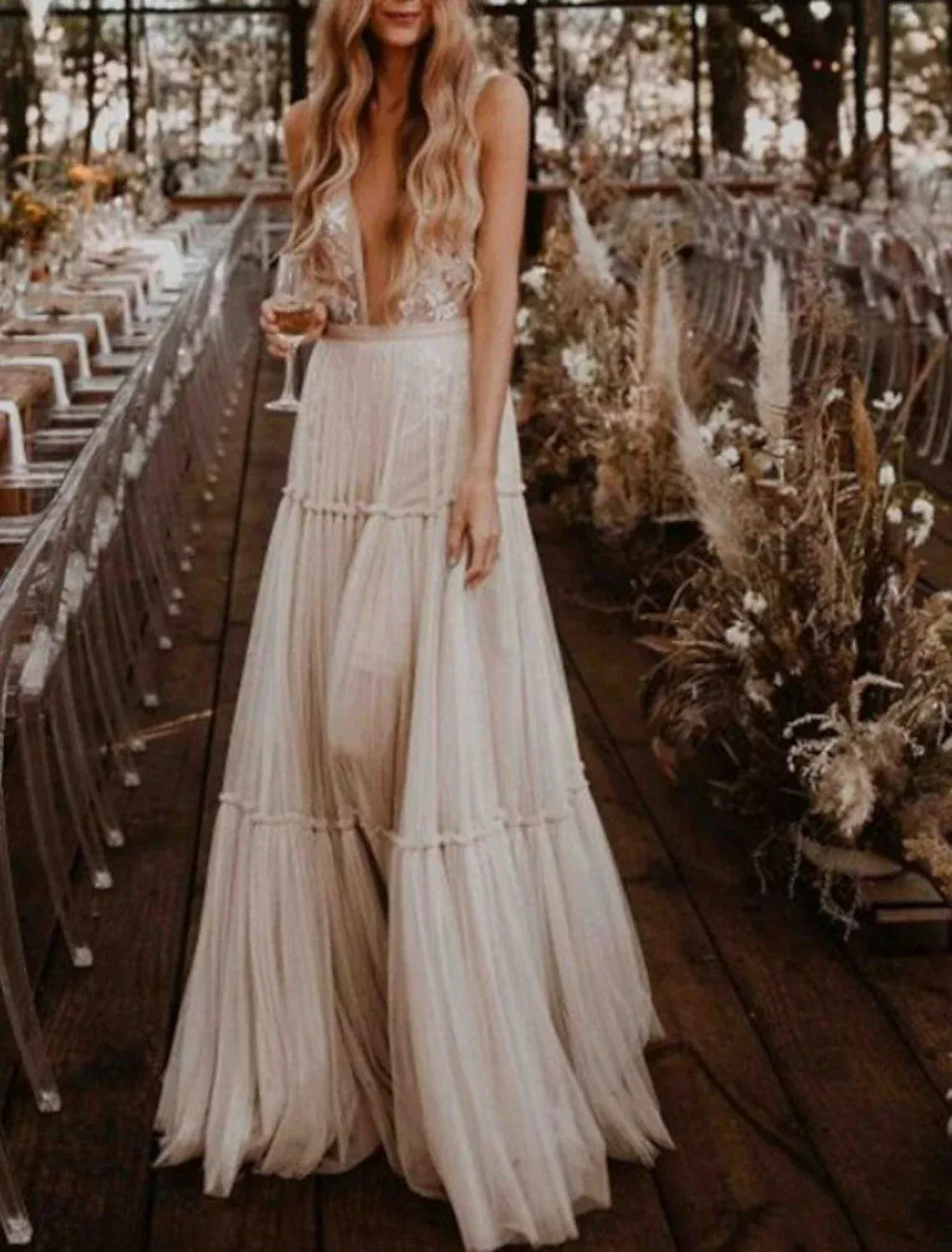 A-Line Spaghetti Strap Tulle Open Back Tiered Wedding Dress - Yihuiw by Yihuiw