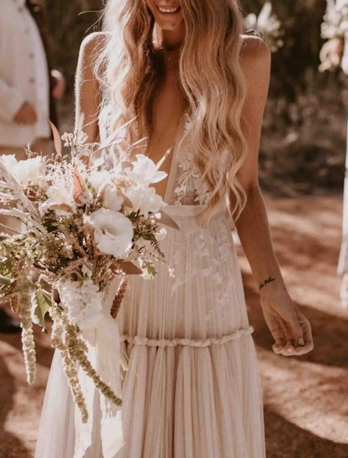 A-Line Spaghetti Strap Tulle Open Back Tiered Wedding Dress - Yihuiw by Yihuiw