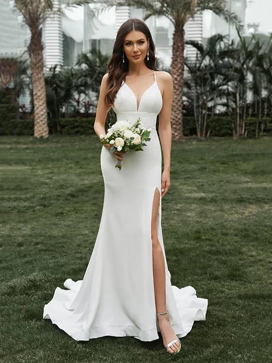 Mermaid Spaghetti Strap Crepe Button Back High Slit Wedding Dress - Yihuiw by Yihuiw
