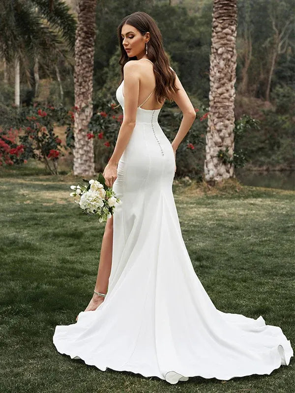 Mermaid Spaghetti Strap Crepe Button Back High Slit Wedding Dress - Yihuiw by Yihuiw