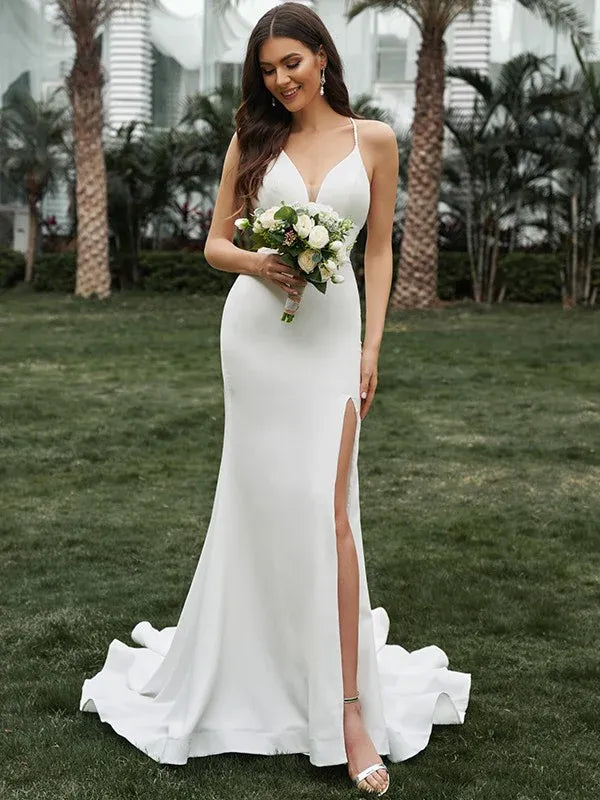 Mermaid Spaghetti Strap Crepe Button Back High Slit Wedding Dress - Yihuiw by Yihuiw