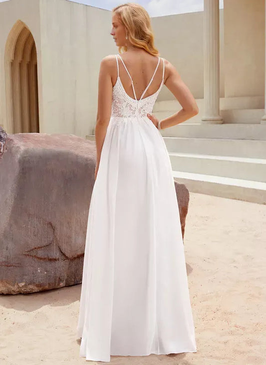 Spaghetti Strap Chiffon High Slit Wedding Dress - Yihuiw by Yihuiw