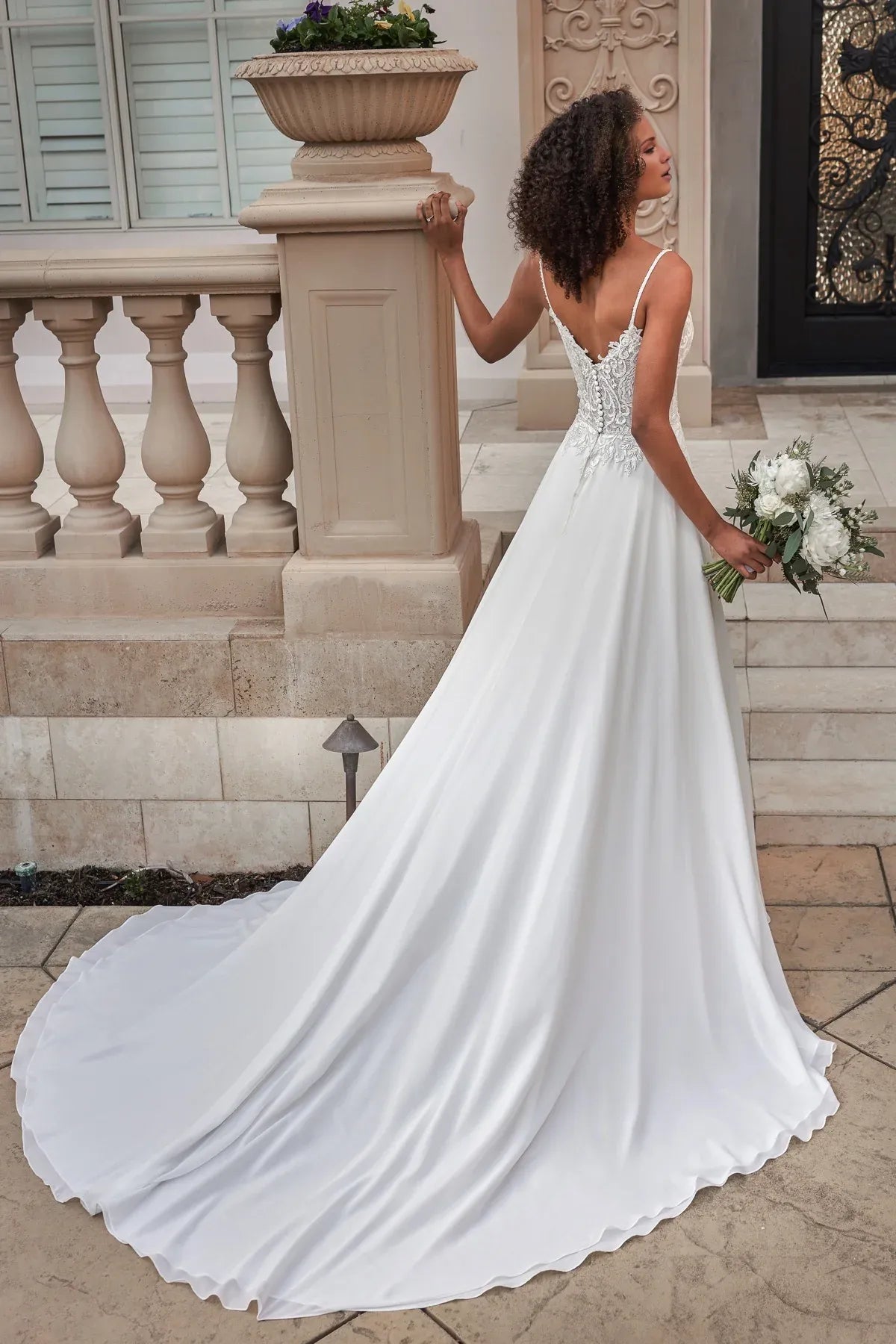 Spaghetti Strap Chiffon Button Back Wedding Dress - Yihuiw by Yihuiw