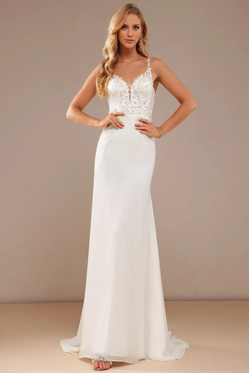 Mermaid Spaghetti Strap Chiffon Button Back Wedding Dress - Yihuiw by Yihuiw