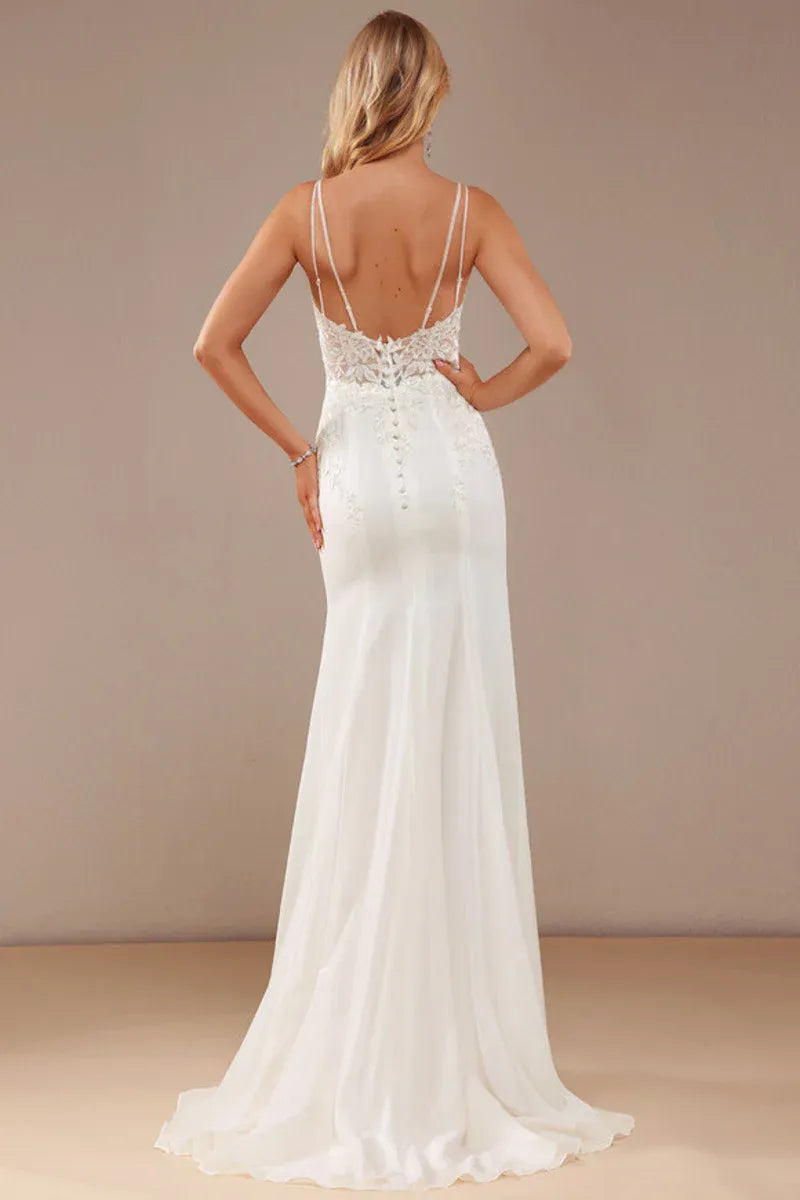 Mermaid Spaghetti Strap Chiffon Button Back Wedding Dress - Yihuiw by Yihuiw