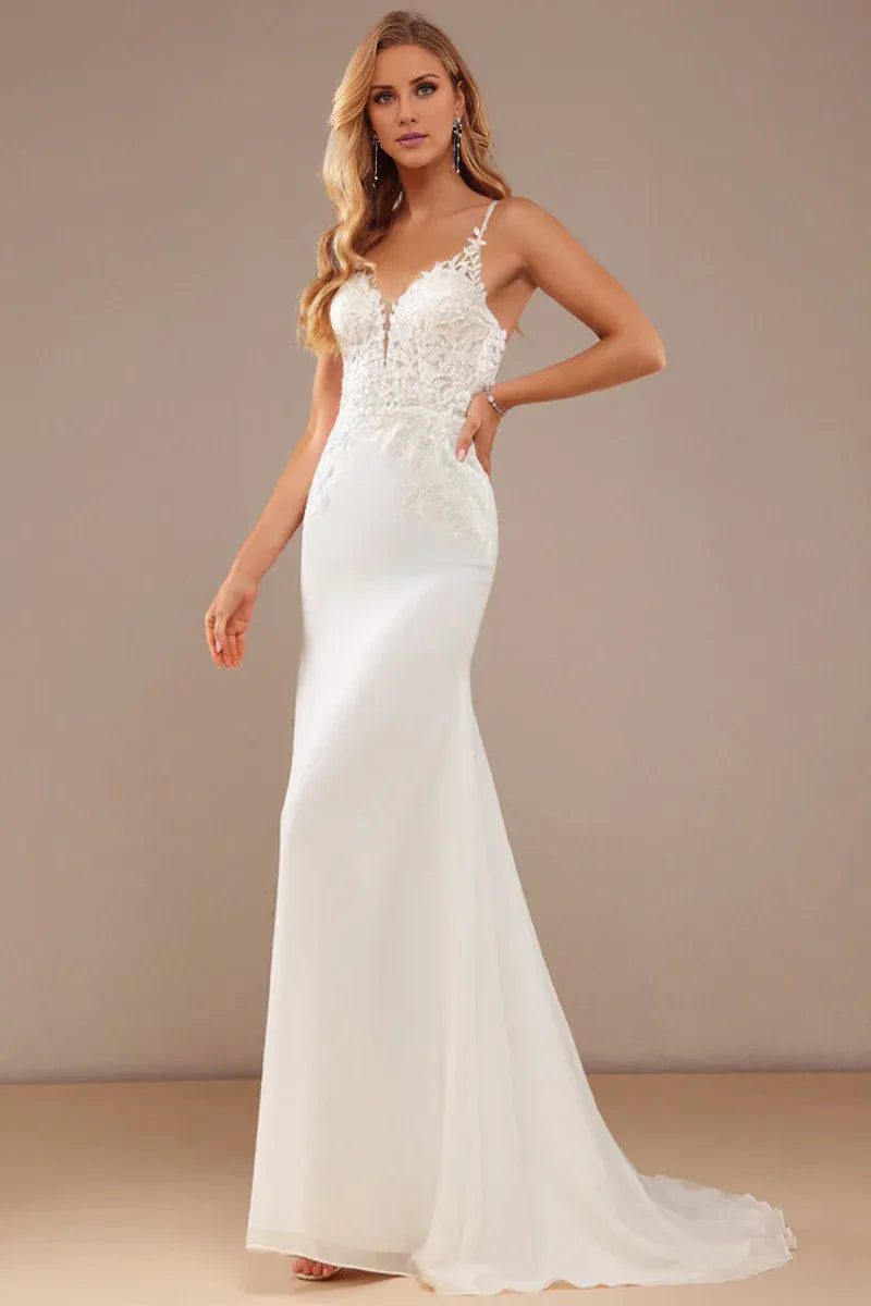 Mermaid Spaghetti Strap Chiffon Button Back Wedding Dress - Yihuiw by Yihuiw