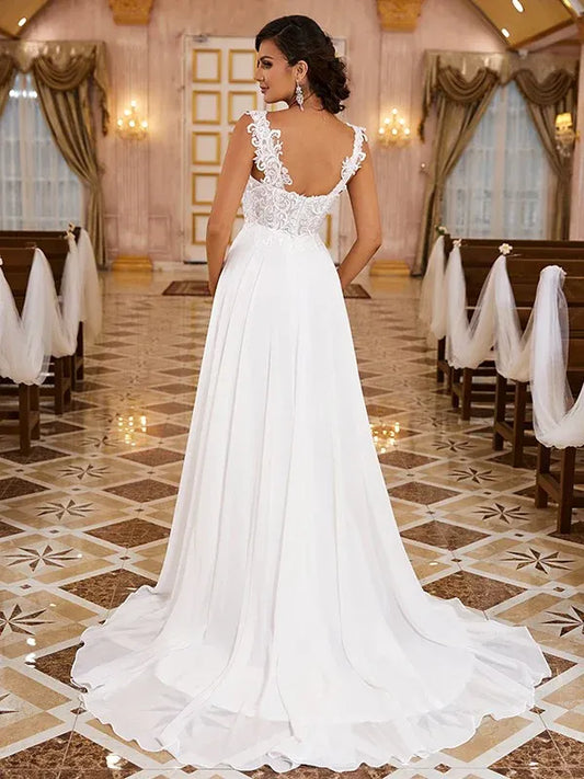 Spaghetti Strap Chiffon High Slit Wedding Dress - Yihuiw by Yihuiw