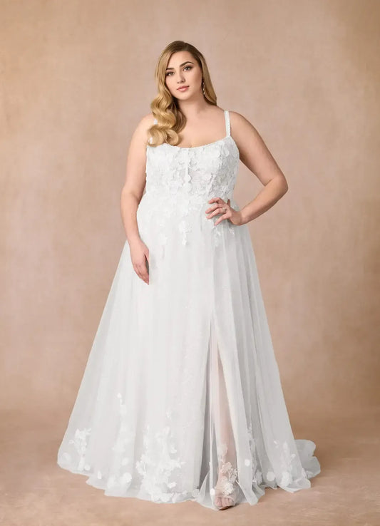 A-Line Spaghetti Strap Tulle High Slit Wedding Dress - Yihuiw by Yihuiw